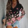 Женская модная свободная футболка с V-образным вырезом и длинным рукавом с винтажным цветочным принтом, повседневный топ