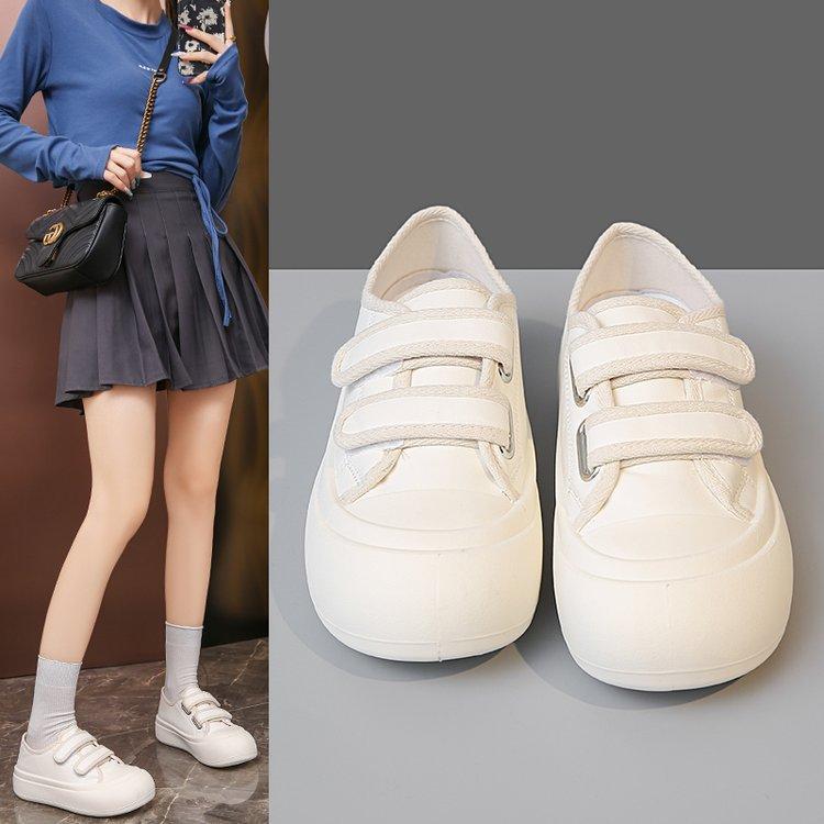 Белые туфли на платформе, женские, весна 2024, новые белые парусиновые туфли на липучках, уродливые, милые, с большой головой, одинарные туфли на подошве печенья