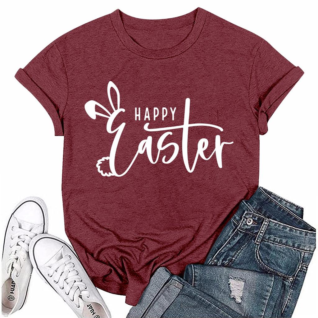 Женская модная пасхальная принтованная повседневная плиссированная круглая футболка с коротким рукавом
