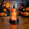 Unique Halloween Gift Decoration, Lighted Skeleton in Clear Dome Cloche with Warm Glow, Battery Year-round Decor Operated Skull Lamp Witch Hat