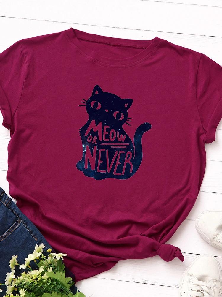 Мяу или Никогда Принт Кошки Женская Футболка с Коротким Рукавом Круглый Вырез Свободная Женская Футболка Женская Футболка Топы Одежда Camisetas Mujer