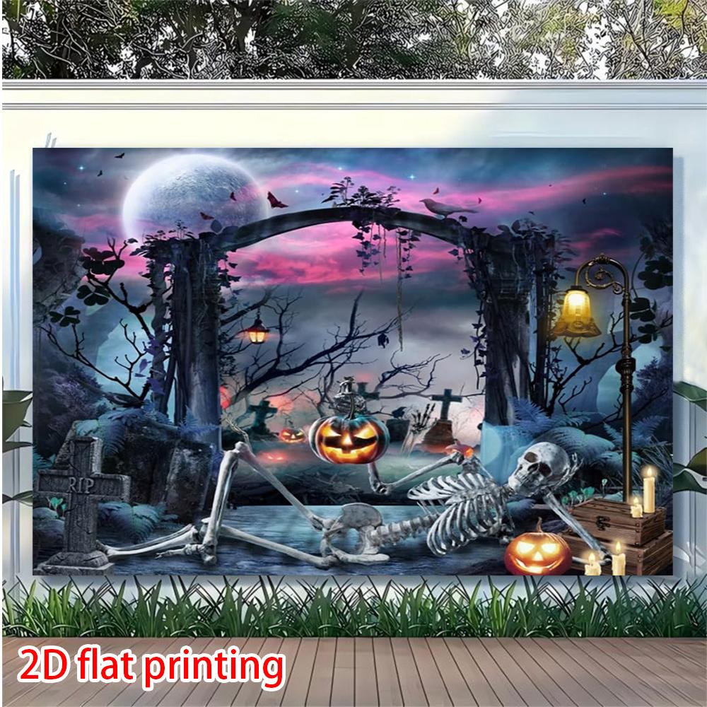 2D flat banner, 1 Halloween party background banner, with evil skull figure and evil pumpkin pattern background design
