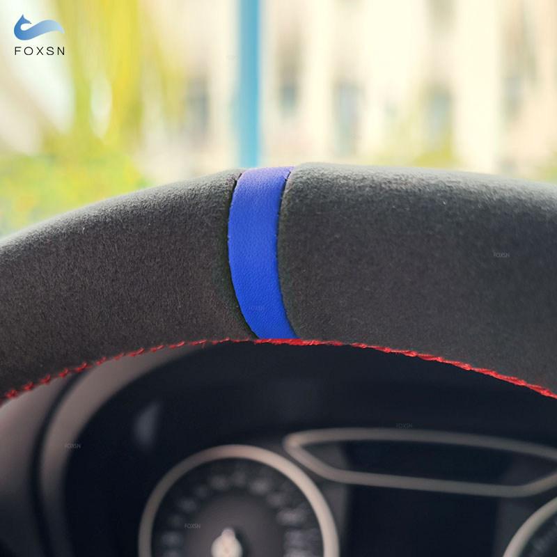 Car Steering Wheel Cover Trim Suede Leather Red Blue Line Blue Bar For BMW E82 E87 E90 2008 2009 2010 2011 X1 E84 2012