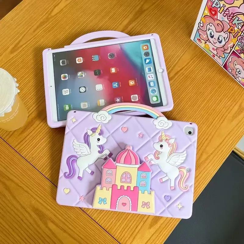 Детский чехол для iPad Pro mini Air Redmi pad и Samsung Galaxy Tab A7 Lite T220 A8 X200 A9 X110 A9+ X210 Замок Единорог с телескопической подставкой