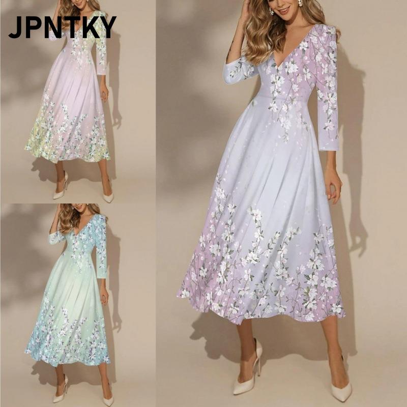 JPNTKY Модные летние весенние повседневные платья с рукавом 3/4 и V-образным вырезом