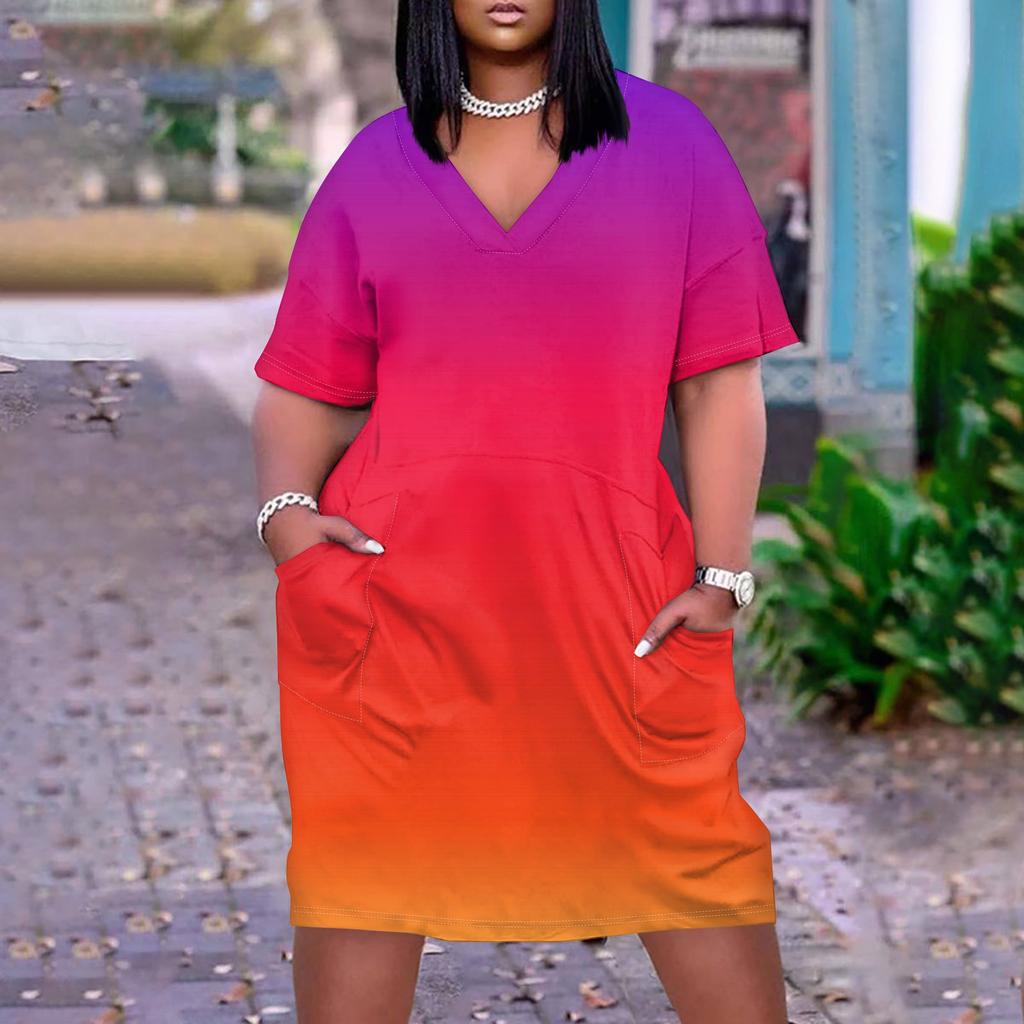 Лето плюс размер V-образным вырезом с коротким рукавом и карманом до колена с градиентным принтом повседневное платье для женщин