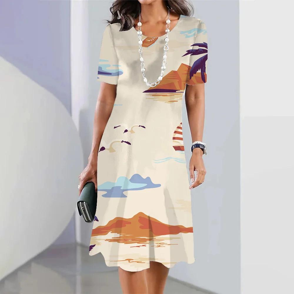 Hawaii Coconut Tree Print Women's Dresses Vacation Long Dresses Female Clothing Summer One-piece Dress