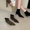 2025 New Pointed Side Zipper Suede Stiletto Low Tube Skinny Martin Women's Short Boots