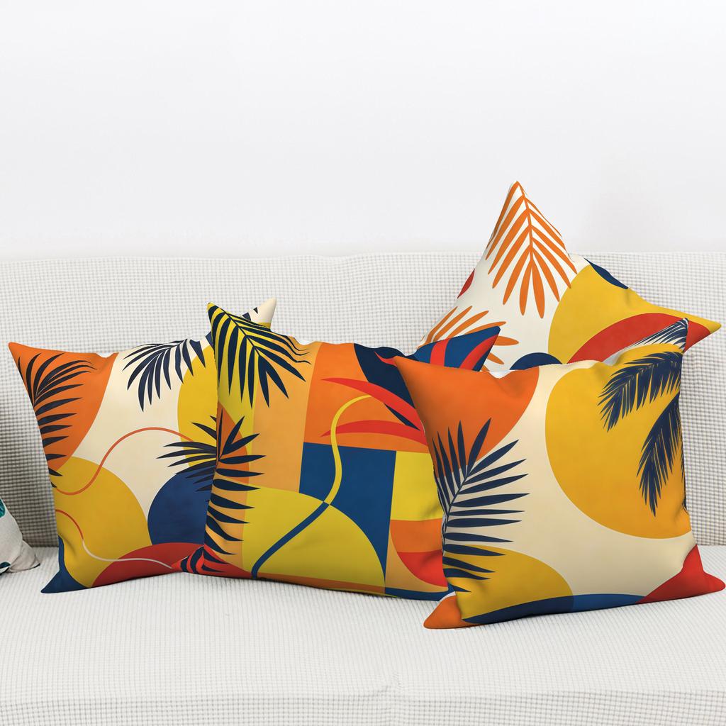 Bohemian Tropical Palm Leaf Pillow Covers 4 Pack Abstract Geometric Summer Polyester Linen Pillowcases For Bedroom Living Room