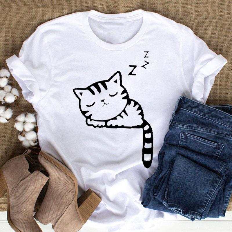 100% Polyester Women's Summer Casual Top with Cute Cat Dog Paw Print round Neck Short Sleeve T-shirt Fashion High Street Style gift