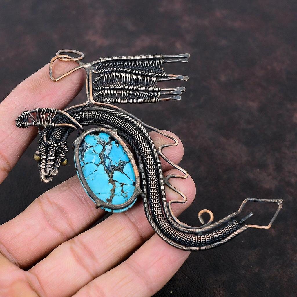 Tibetan Turquoise Pendant Copper Wire Wrapped Pendant Dragon Pendant Handmade Jewelry Designer Pendant Gemstone Copper Jewelry Gift For Him