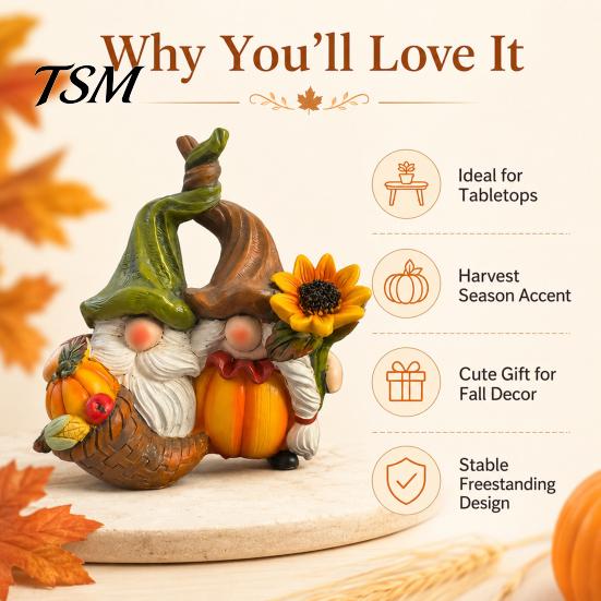 Indoor Tabletop Harvest Display Fall Gnome Ornament, Resin Autumn Figurines with Pumpkin And Sunflower Ornaments Decor for Thanksgiving Halloween,