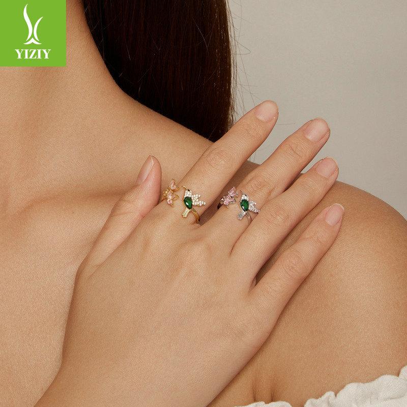 Колибри с цветком, кольцо с открытием, красочное циркониевое кольцо с птицей, покрытое серебром S925