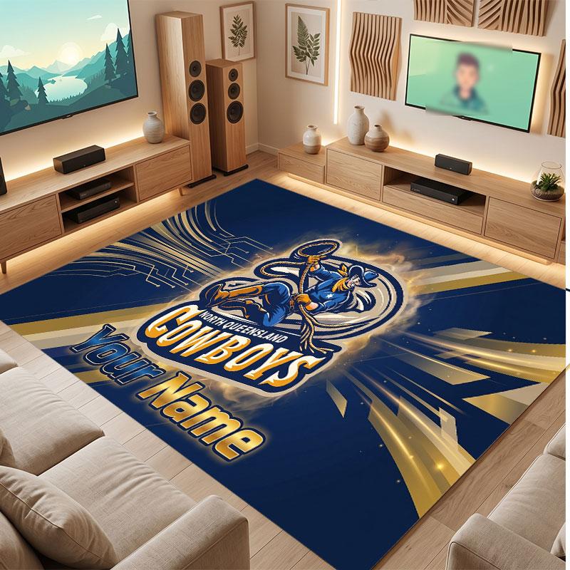 North Queensland Cowboys Personalized Crystal Velvet Carpet, Customized Name Text Soft Anti‑Slip Rug for Living Room Bedroom