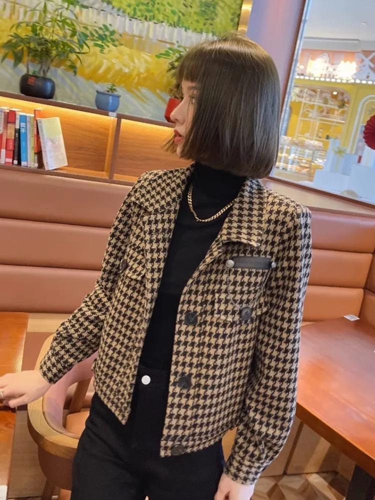 Short coat women's autumn and winter new small versatile thousand bird grid small fragrant jacket foreign casual top
