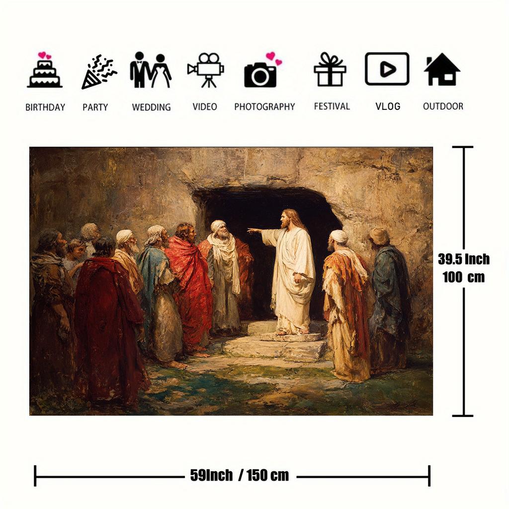 1pc Bible Resurrection Background Picture, Including Jesus, Tomb, and Apostles - Durable Polyester Flat Banner