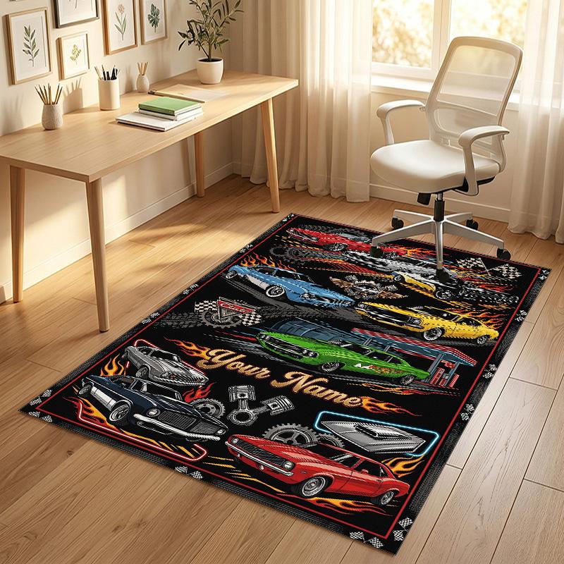 Car Van Theme Crystal Velvet Rug Personalized Custom Name Text Soft Floor Mat Home Decor