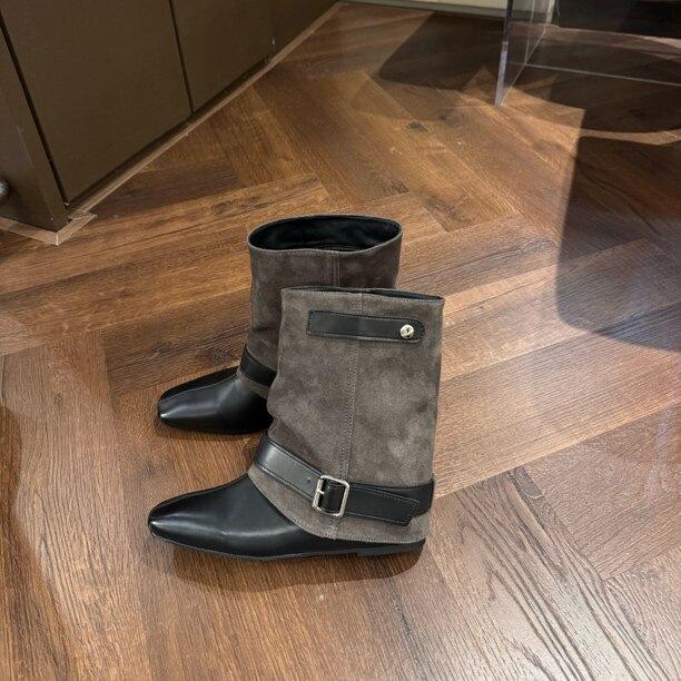 Cowhide version~ autumn and winter new square head wide tube inner height increasing fashion boots women's fashion temperament short boots