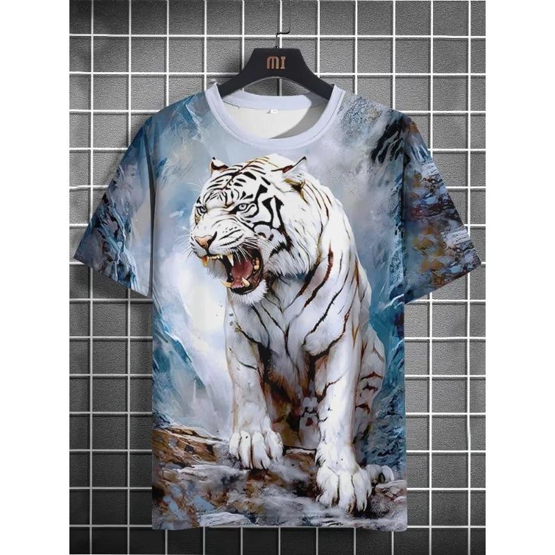 Summer Round Neck 3D Tiger Print Top Fashionable Casual Short Sleeved Men's T-shirts