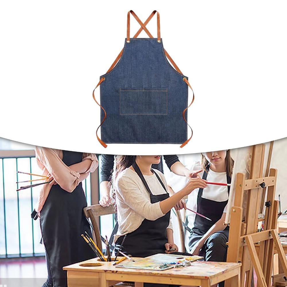Dirt-resistant Kitchen Chef Apron with Pocket Painting Apron Durable Cross Back Denim Apron  Cafe