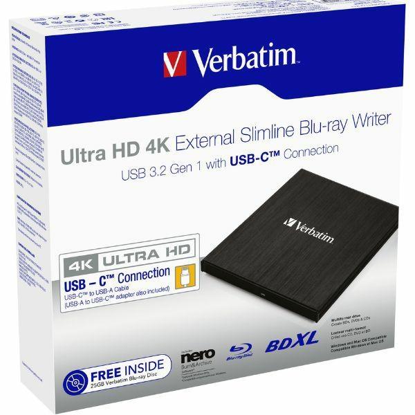 Verbatim Внешний Slimline Blu-ray рекордер Ultra HD 4K + Кабель USB-C/USB-A Черный/Black 43888