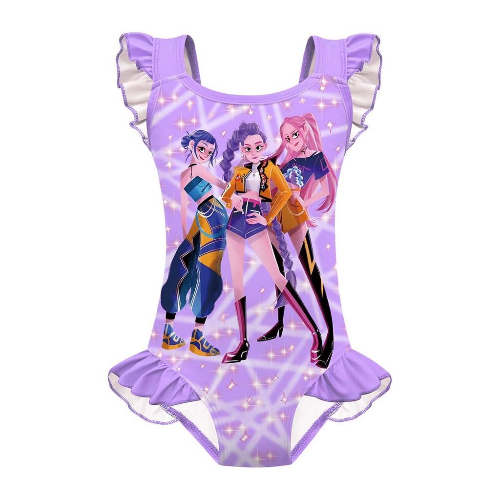 Детский Девочки Аниме Мультфильм K-POP Руми Зои Мира Принт Волан Без рукавов Слитный Купальник Купальный костюм