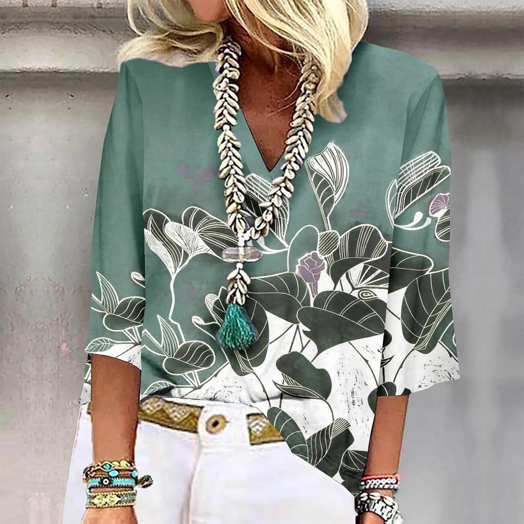Women's Shirt Blouse Casual Loose Shirts 3/4 Sleeve Print V Neck Tops Print Tops T-shirts Tee
