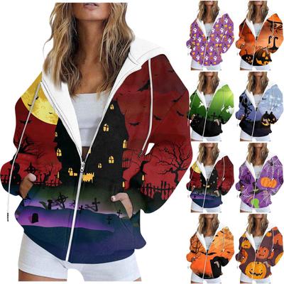 Женская мода, повседневная толстовка с принтом на Хэллоуин, осенне-зимняя куртка-кардиган с карманами и длинными рукавами, пальто с капюшоном на молнии