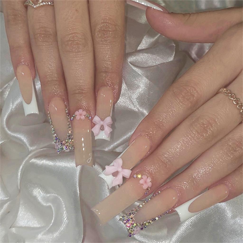 24pcs Long Square Stick on Nails White Tip Bowknot Pink Fake Nails for DIY At-Home Manicure Kit