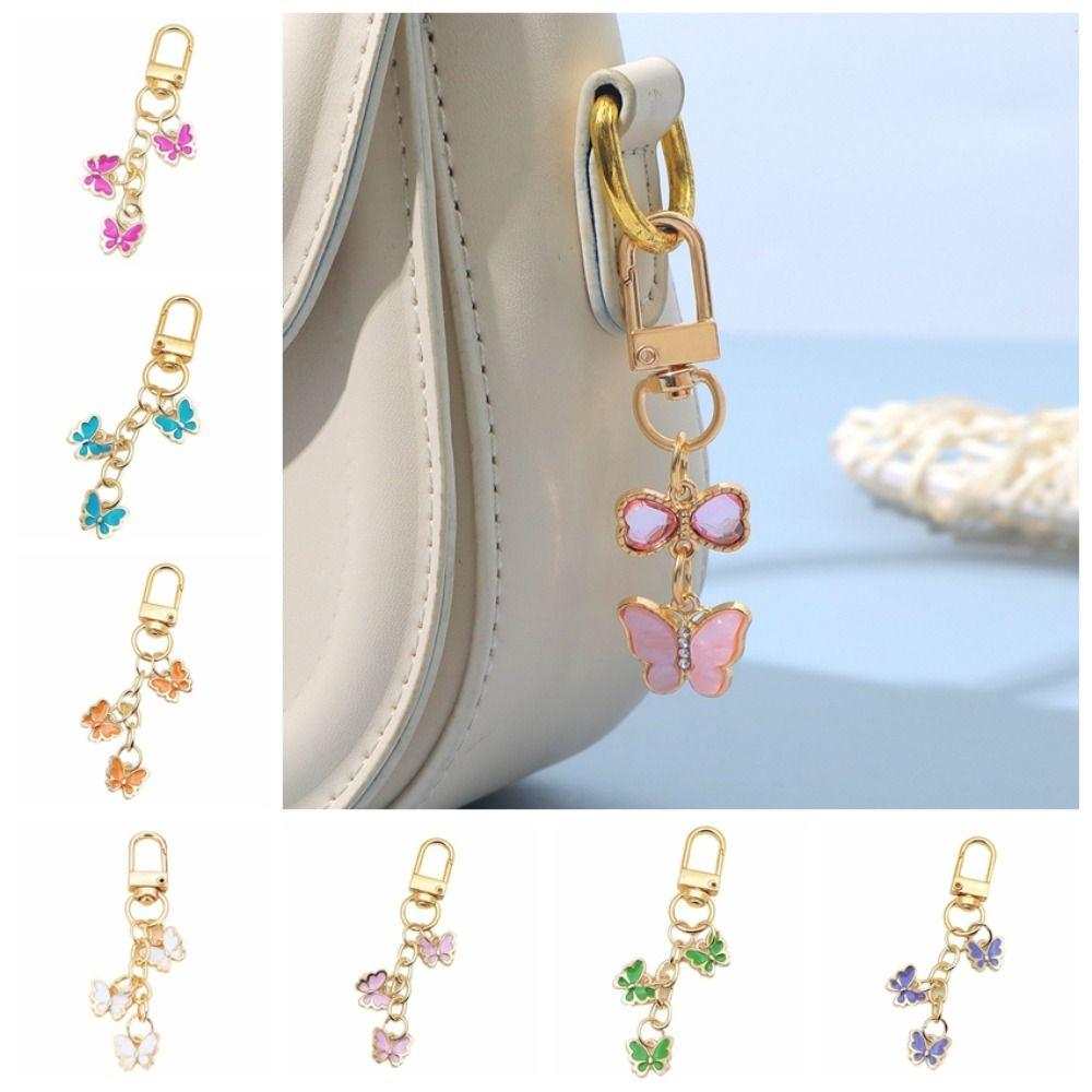 7PCS Pendant Rhinestone Butterfly Keychain Ornaments Key Ring Cute Crystal Bow Key Chain  Bag Decor