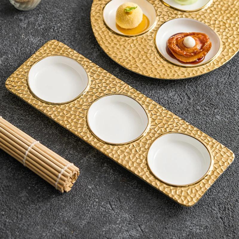 Creative Phnom Penh Ceramic Lattice Western Food Plate Household New Hotel Restaurant Wood Grain Dessert Plate Tableware