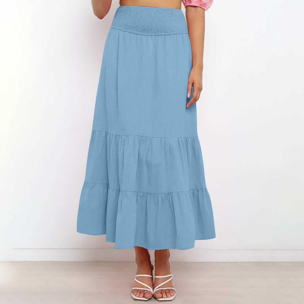 Women's Summer Bohemian Maxi Dress Elastic High Waist Pleated Ruffle Layered Culottes Casual Fashion Solid Color Flowy Skirt