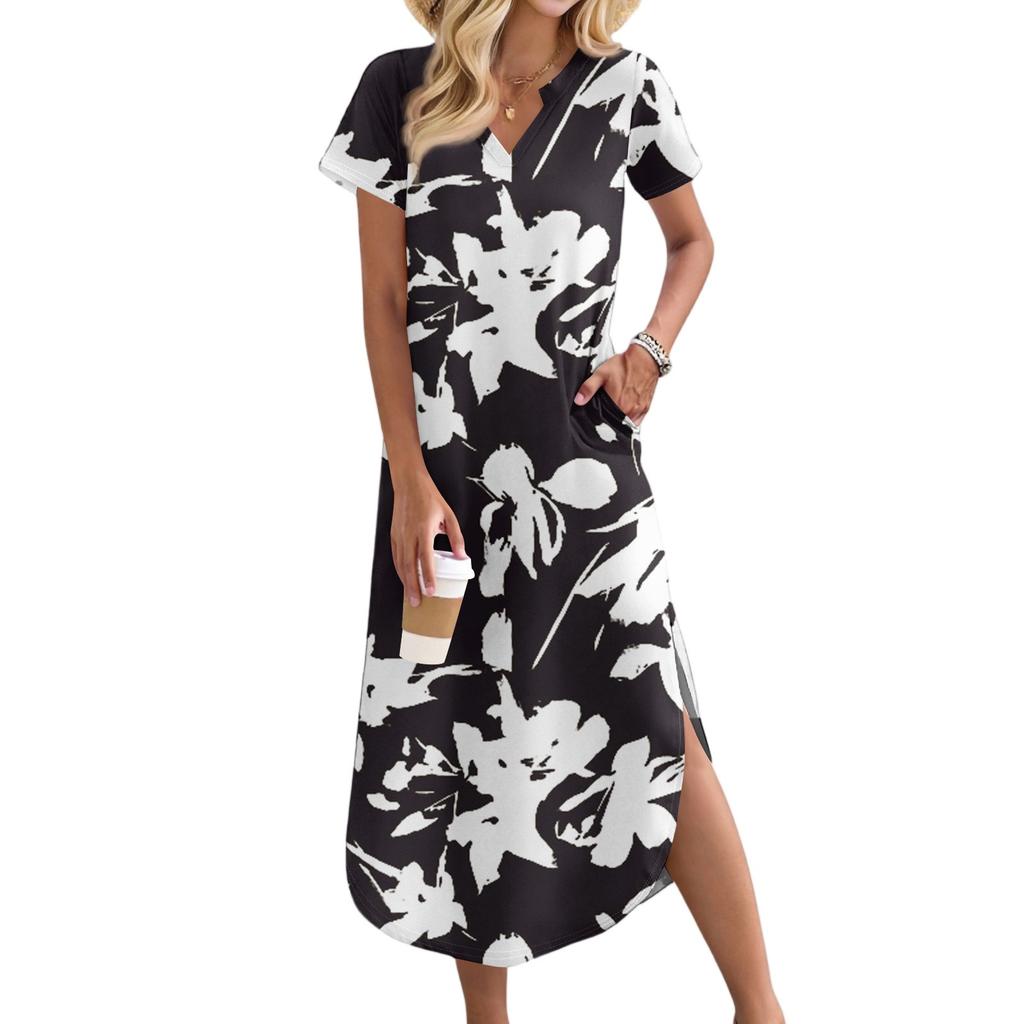 Women's Casual Comfortable V Neck Loose Hem Split Vacation Short Sleeve Floral Long Dresses
