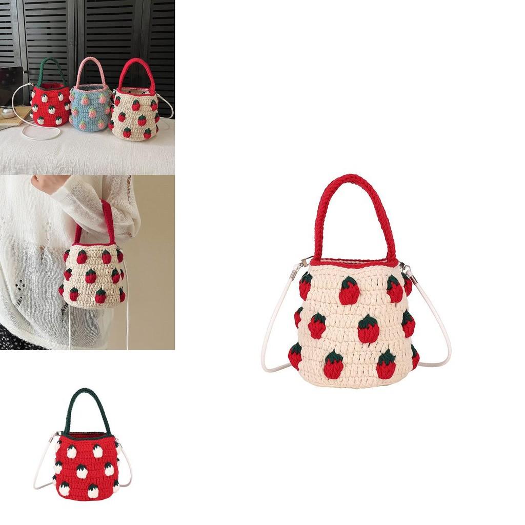 Cute Color Blocking Strawberry Pattern Women Knit Handbag For Teens