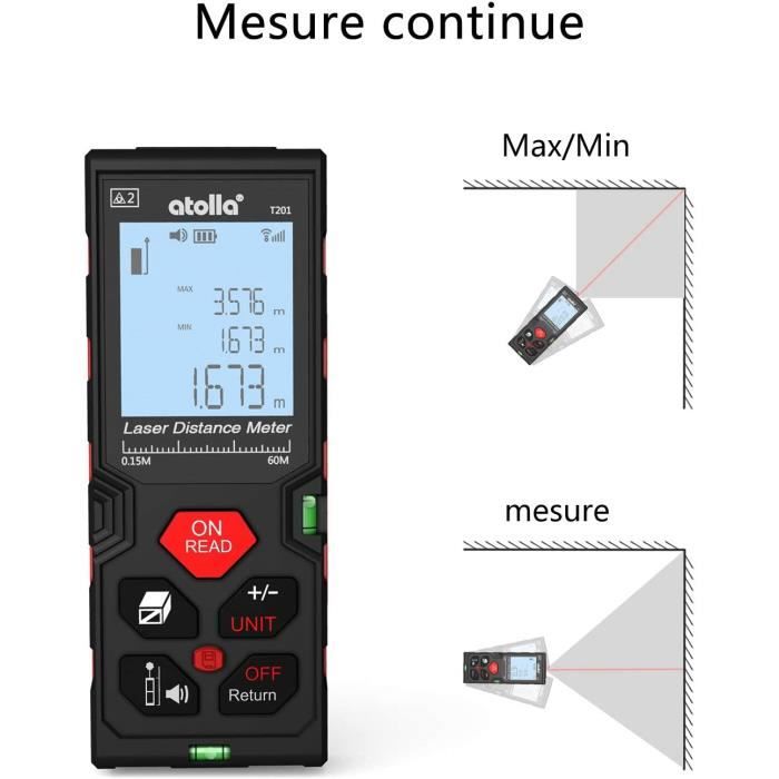 Télémètre Laser Numérique 60M, atolla Metre Laser avec 2 Niveaux à Bulle et Fonction Muet, Auto-étalonnage et Mesure Continue,[10]