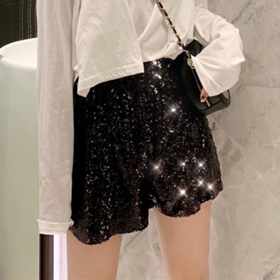 Sexy Women Shiny Sequin Shorts High Waist O-Ring Zipper Bodycon Shorts Party Club Festival Dance Shorts