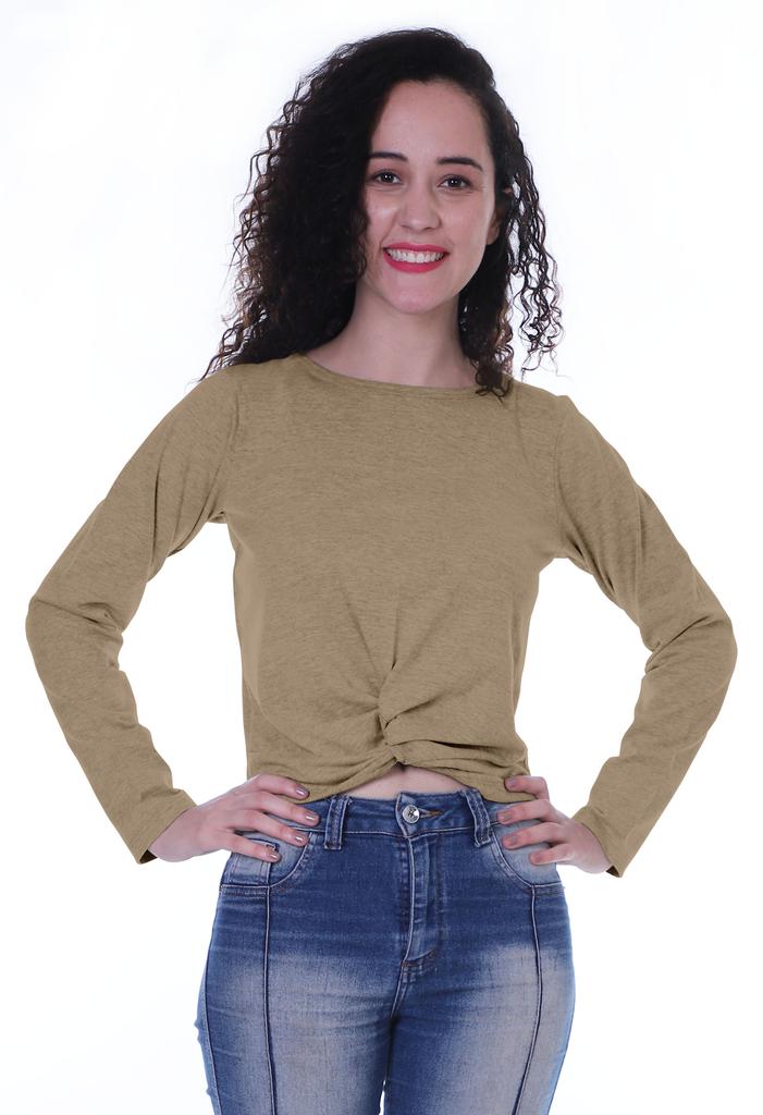 Moomaya Womens Full Sleeves Front Knot Crop Top Summer Tshirt Plain Tee Tops