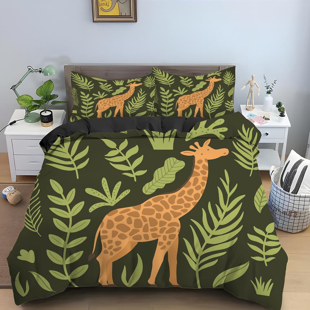Cartoon Giraffe King Queen Duvet Cover Kids Girls Boys Animal Bedding Set Wildlife Quilt Cover 2/3pcs Polyester Comforter Cover