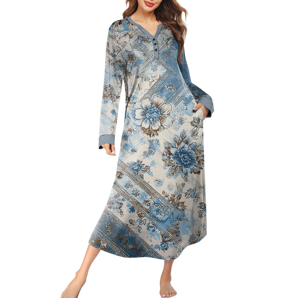 Женская ночная сорочка длинная домашняя одежда с V-образным вырезом и карманами