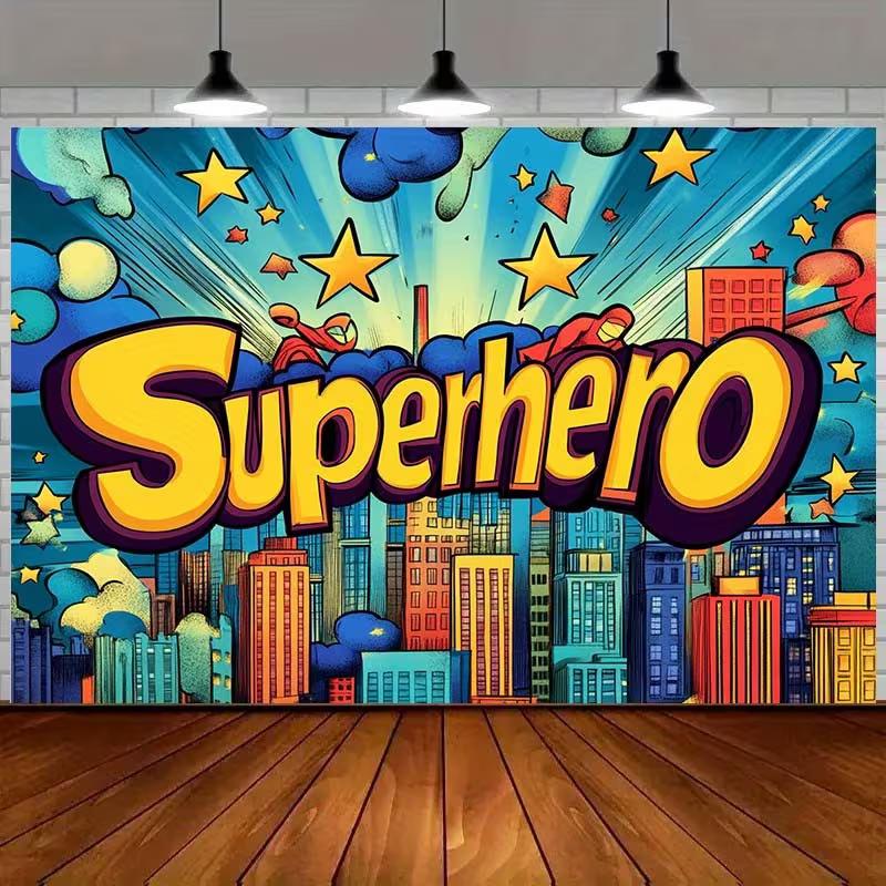 2D Cartoon Superhero Star Backdrop for Superhero Theme Party Photo Booth