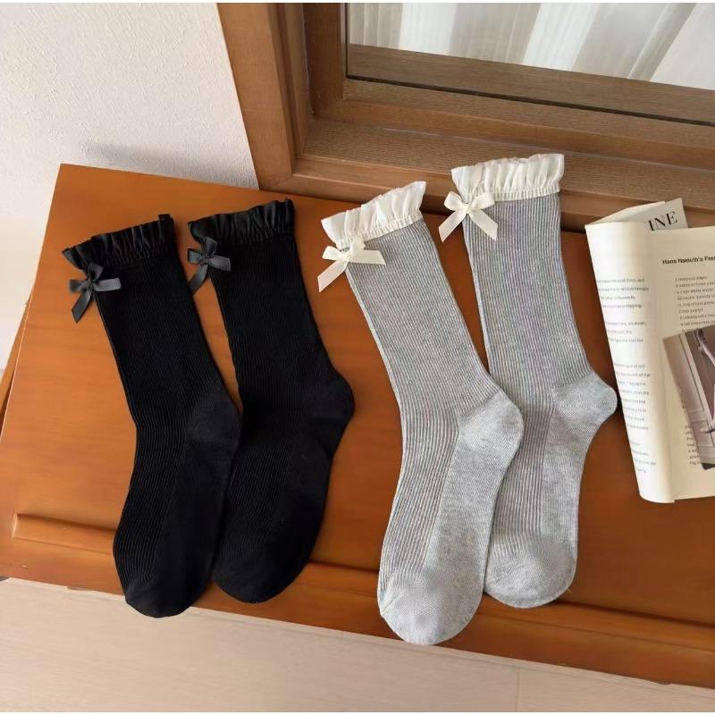 Female Spring and Summer New Simple White Bow Lace Lace In The Tube Socks