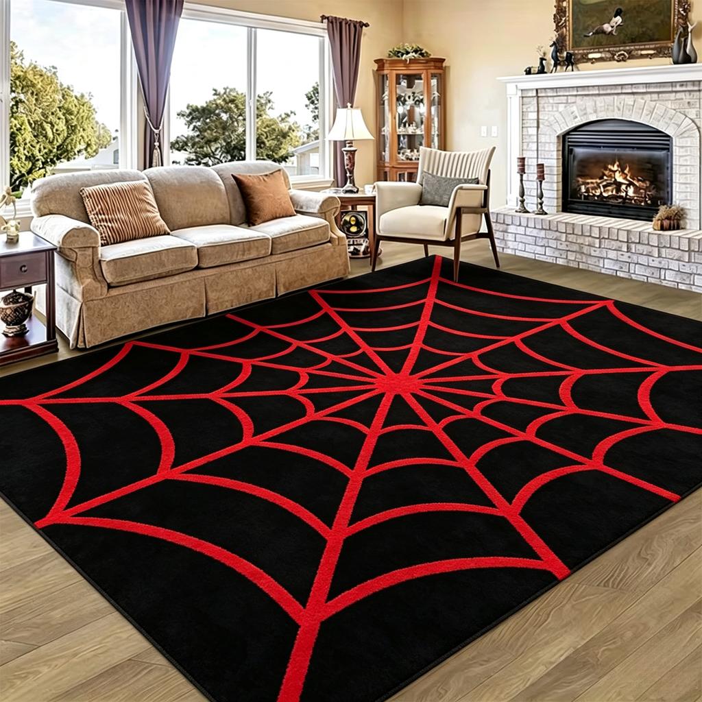 Spider Web Printed Decorative Rug Modern Gothic Cobweb Graphic Pattern Floor Carpet for Indoor Living Space Bedroom Game Room