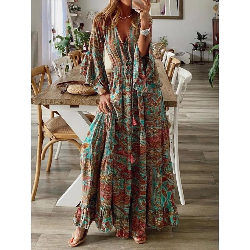 Trumpet Sleeve Printed V-neck High Waisted Vacation Dress with Floral Detailing for Women Casual Dresses