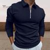 Осенняя мужская рубашка с отложным воротником на молнии и длинными рукавами, однотонный полосатый приталенный пуловер, формальный деловой стиль, повседневный топ
