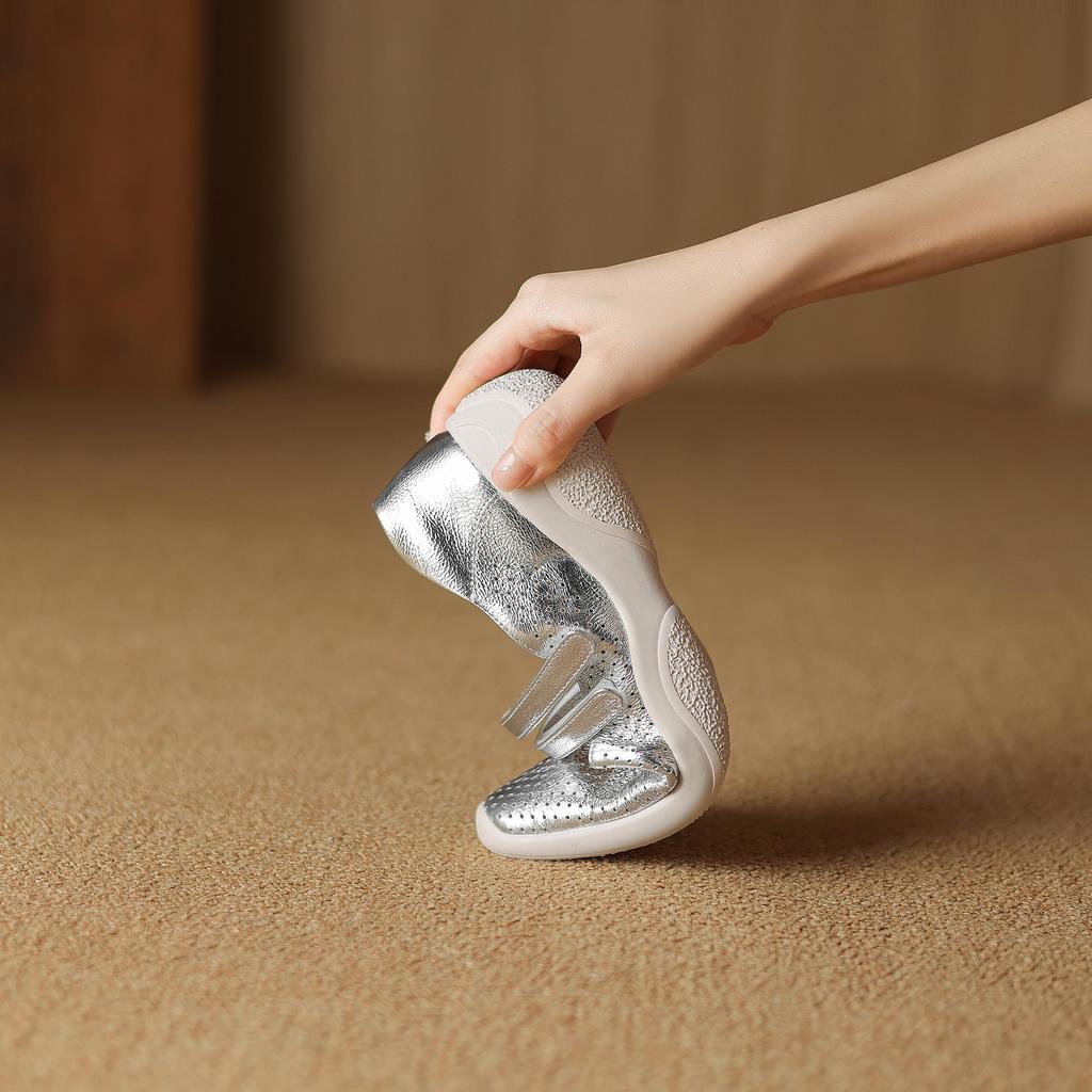 Krazing Pot Туфли-лодочки из овчины весна-лето размер 41 на толстом низком каблуке с круглым носком и полым украшением, дышащие, с липучкой