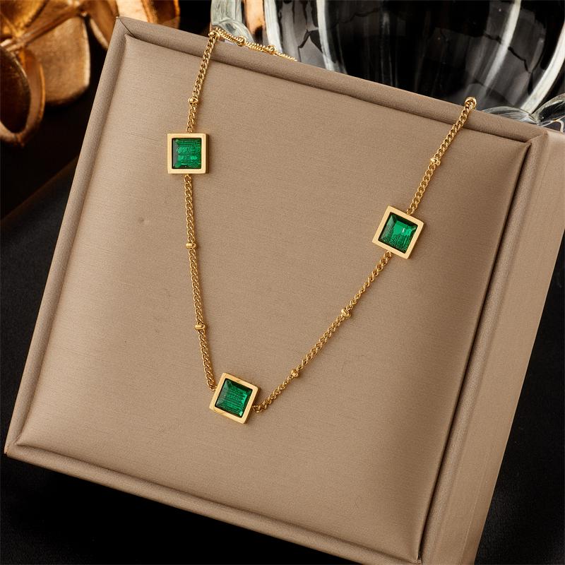 DIEYURO 316L Stainless Steel Green Stone Crystal Necklace For Women Bohemian Ethnic Chain Choker Wedding Party Jewelry Gift