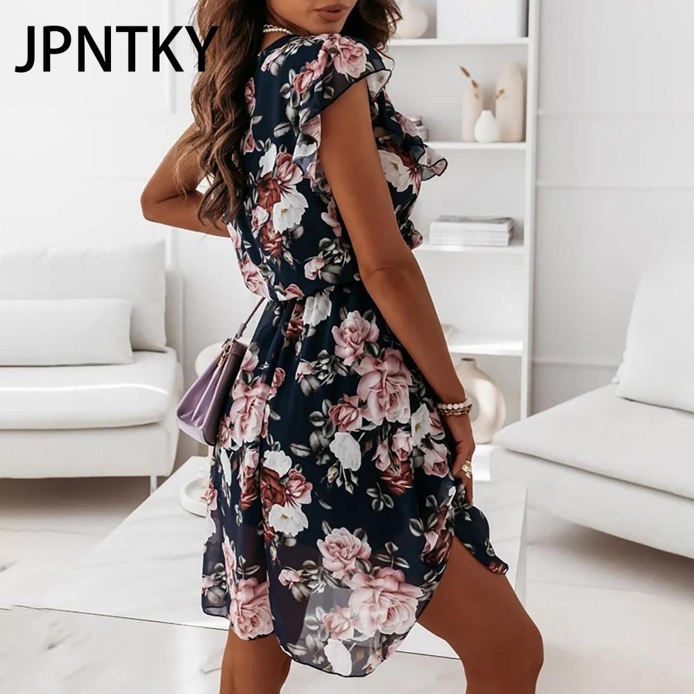 JPNTKY Мода Женское Повседневное Свободное Платье с Круглым Вырезом и Рукавами-Бабочками с Цветочным Принтом