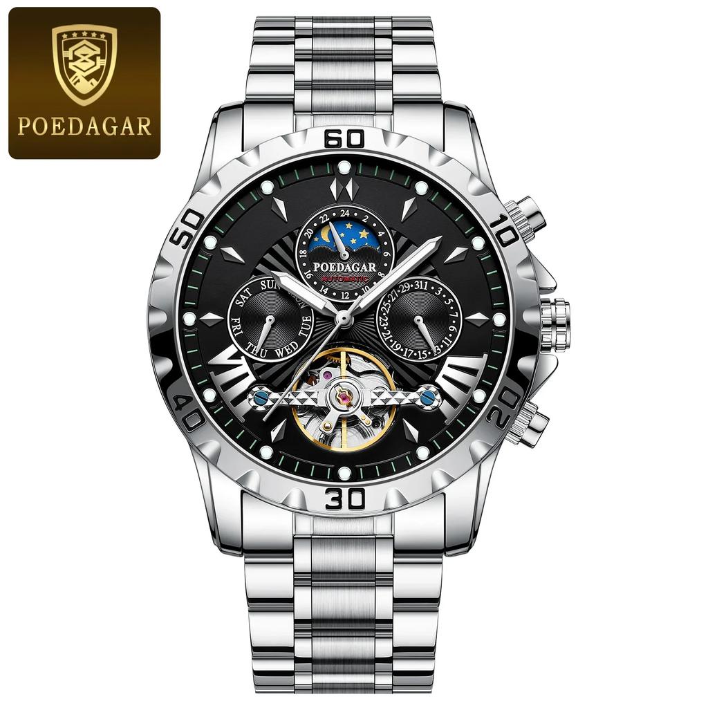 Dual Calendar Men's Fully Automatic Tourbillon Hollow Mechanical Watch Fashionable Waterproof Luminous Moon Phase Dial Men's Business Mechanical Watch