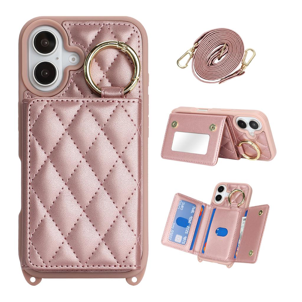 For iPhone 16 Case with Lanyard/Mirror/Card Holder Grids Pattern RFID Blocking Phone Cover