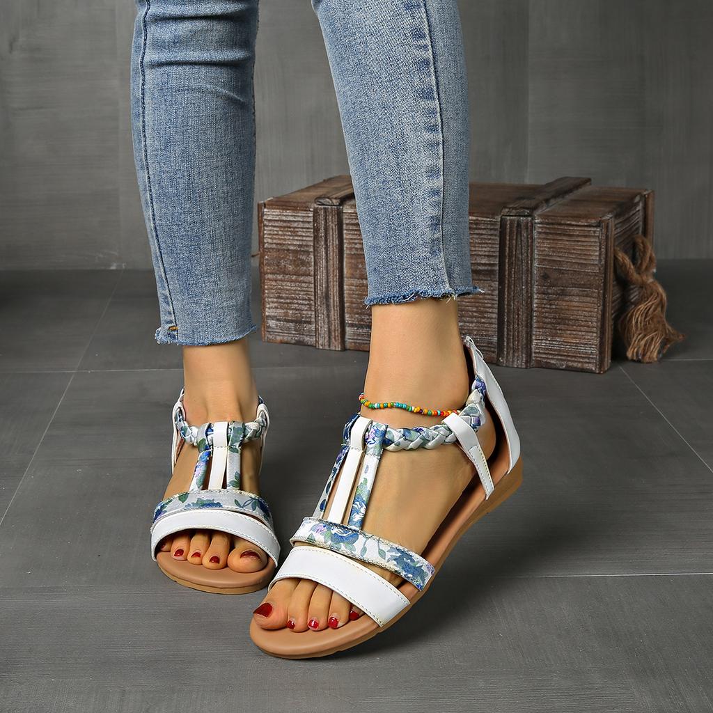 Fashion 2025 European and American Large-sized Thick-soled Sandal for Women, One-line Color Bohemian-style Woven Wedge Heel Beach Shoes